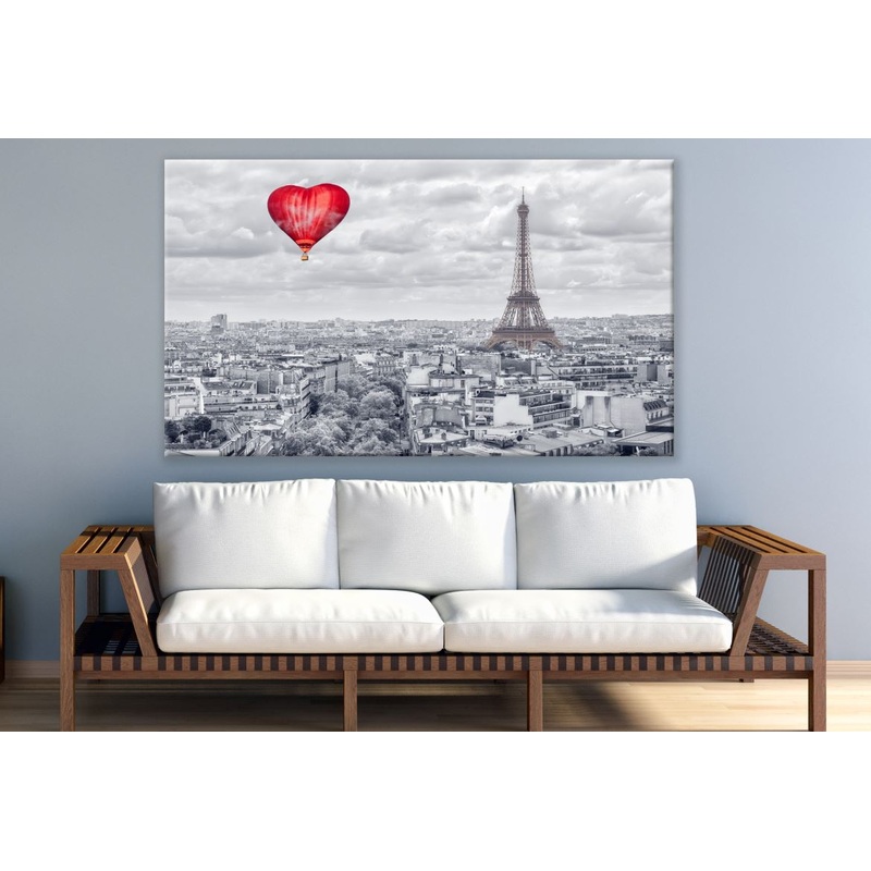 B&W Eiffel Tower with Heart Shaped Hot Air Baloon Photograph Print 100% Australian Made