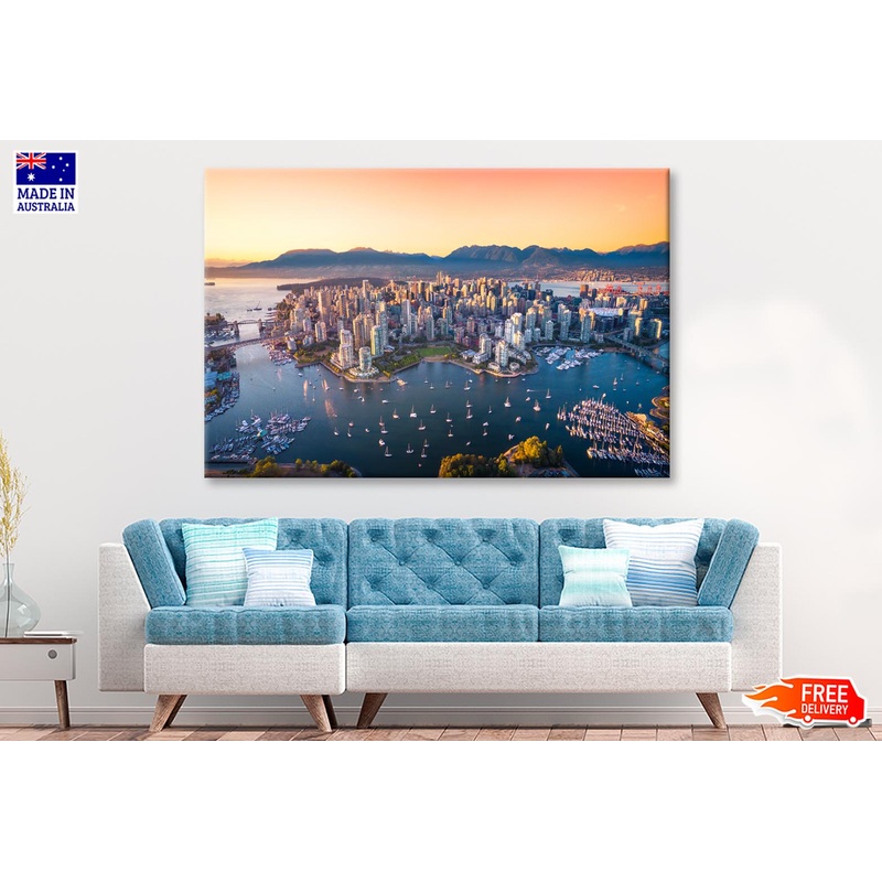 Beautiful Aerial View of Downtown Vancouver Skyline, British Columbia, Canada at Sunset Wall Art Decor 100% Australian Made