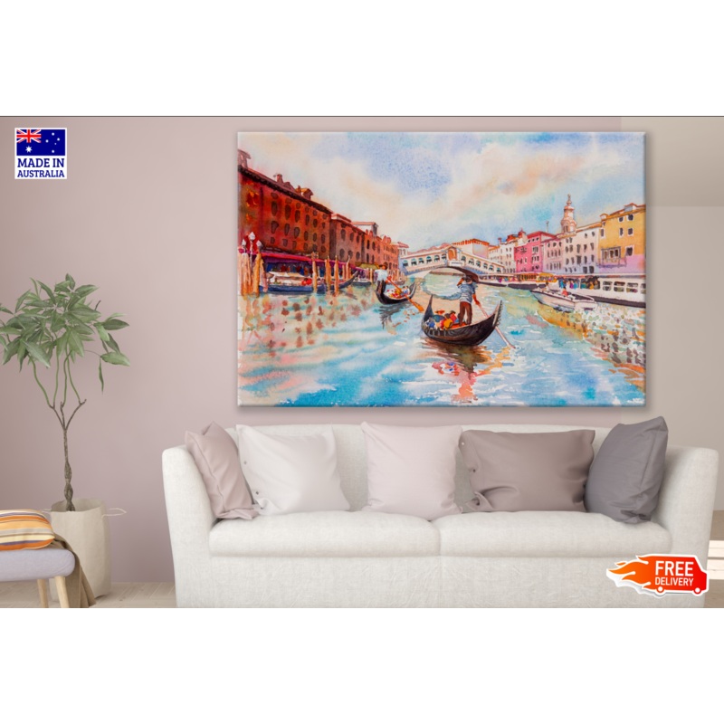 Boats on Canal Building View Painting Print 100% Australian Made