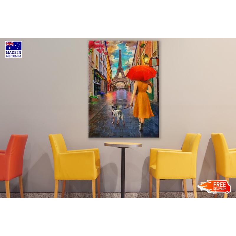 Lady & Dog Walking to Eiffel Tower Painting Print 100% Australian Made
