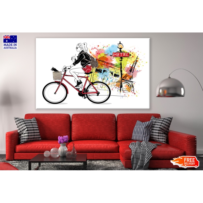 Lady Riding a Bicycle With a Coffe Cup in Hand Painting Print 100% Australian Made
