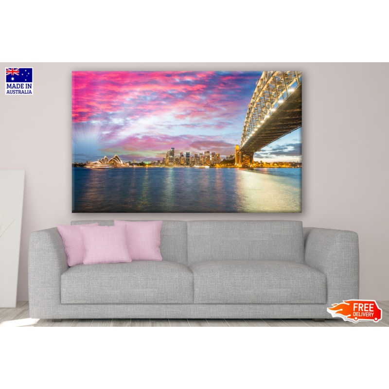 Opera House & Bridge Under Pink Sky with City View Photograph Print 100% Australian Made