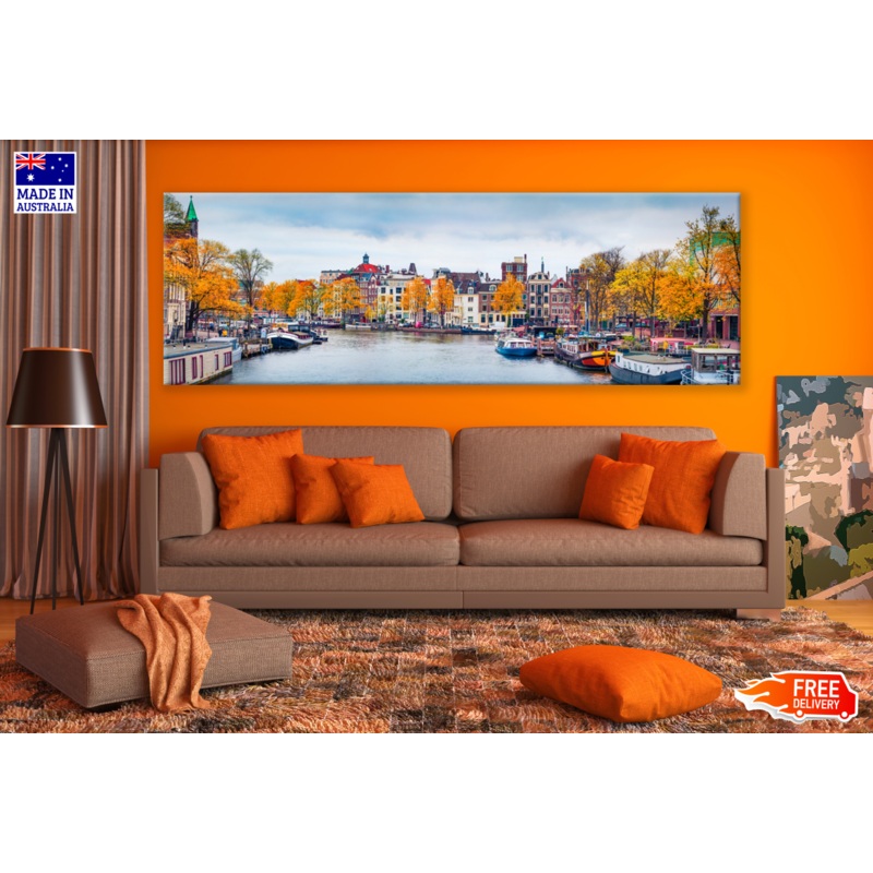 Panoramic Canvas Amsterdam Canal Boats & City High Quality 100% Australian made wall Canvas Print ready to hang