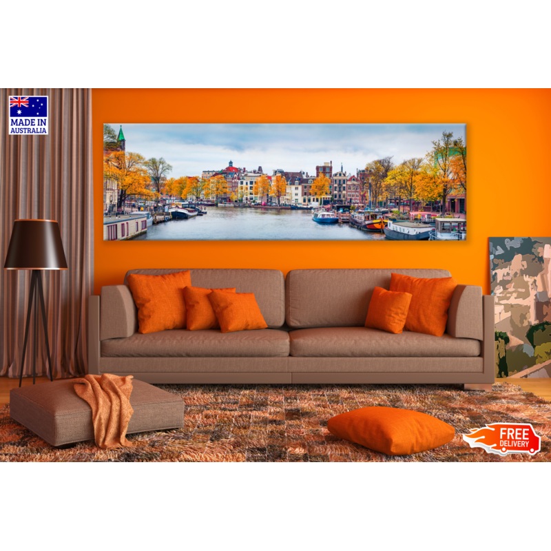 Panoramic Canvas Amsterdam Canal Cruise in Autumn High Quality 100% Australian made wall Canvas Print ready to hang