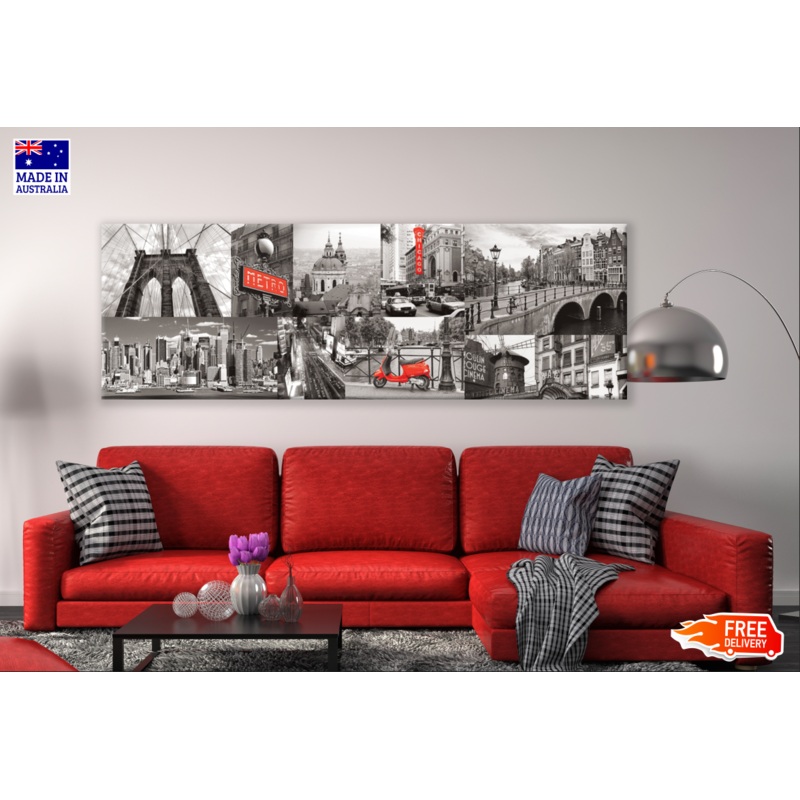 Panoramic Canvas B&W Red City Images High Quality 100% Australian made wall Canvas Print ready to hang