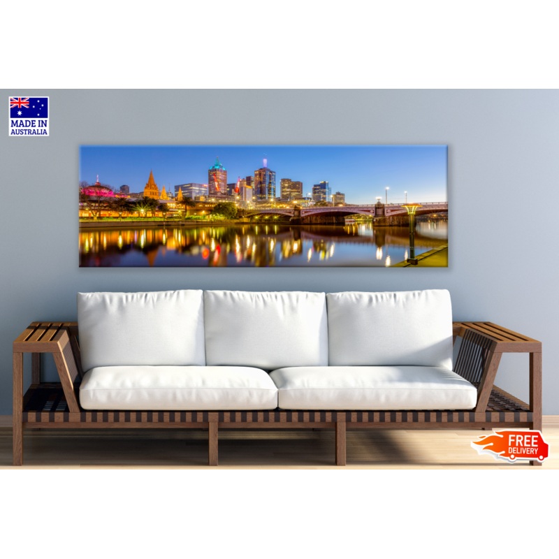 Panoramic Canvas City View Night Canal High Quality 100% Australian made wall Canvas Print ready to hang