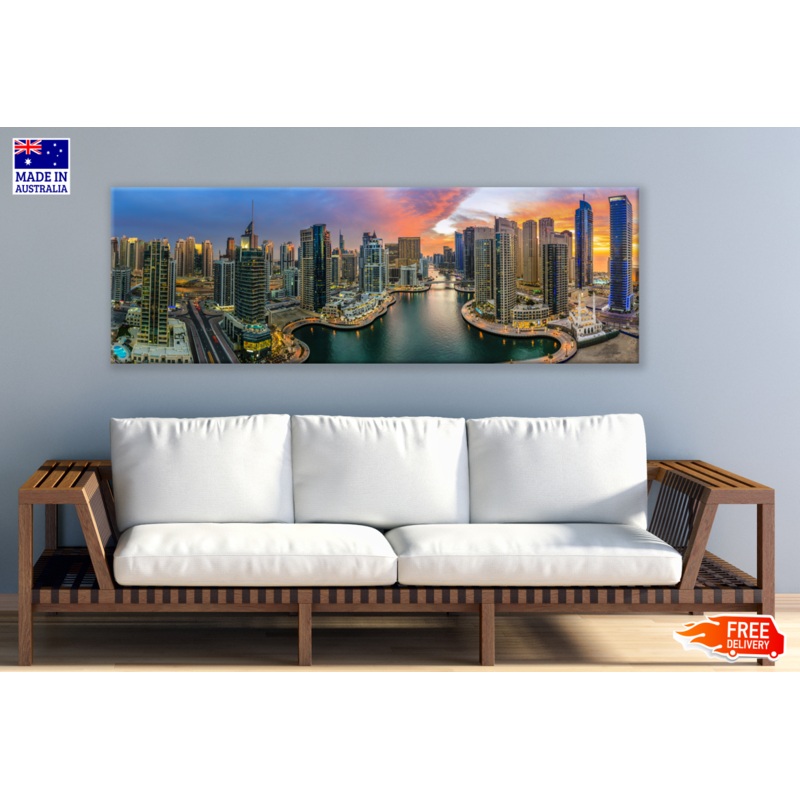 Panoramic Canvas Dubai City Night High Quality 100% Australian made wall Canvas Print ready to hang