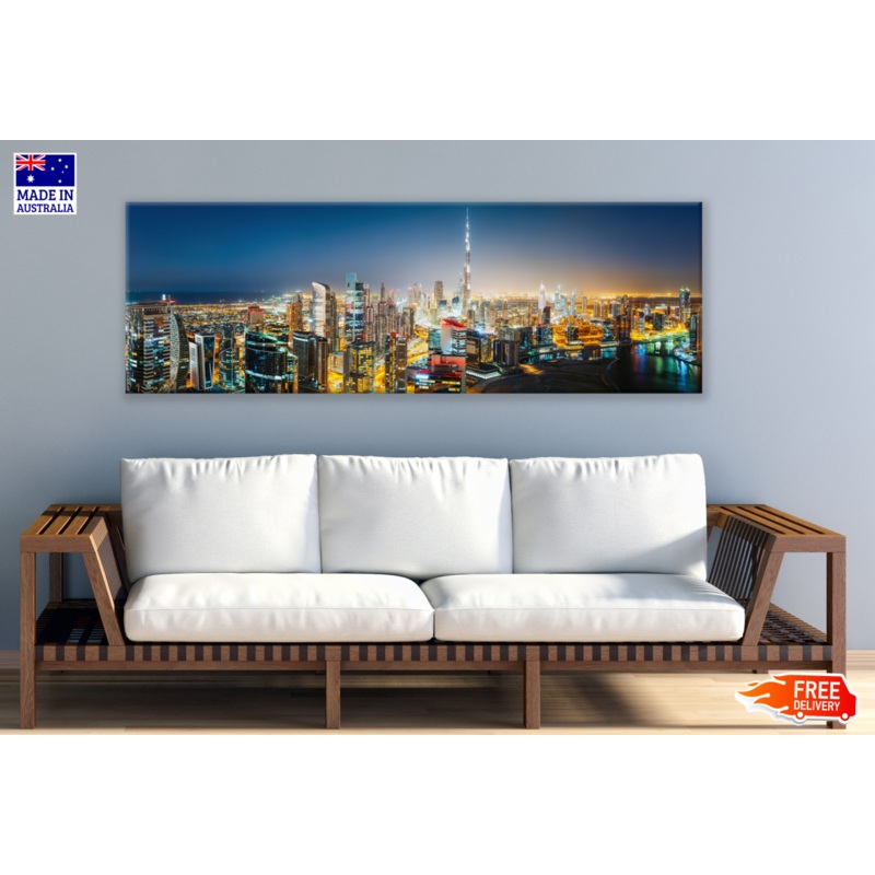 Panoramic Canvas Dubai City Night View High Quality 100% Australian made wall Canvas Print ready to hang