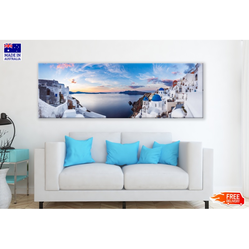 Panoramic Canvas Greece City Houses High Quality 100% Australian made wall Canvas Print ready to hang