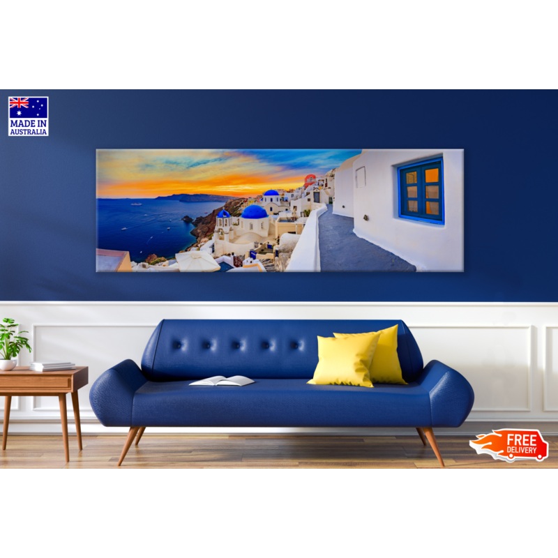 Panoramic Canvas Greece Stunning Houses View High Quality 100% Australian made wall Canvas Print ready to hang