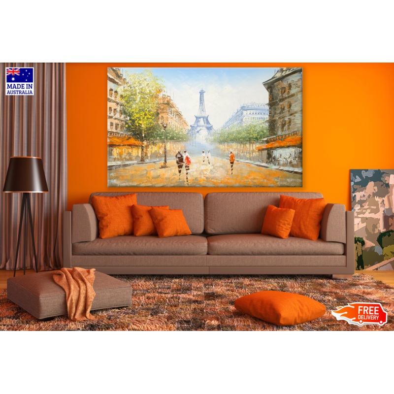 People Walking Along the Road Eiffel Tower Painting Print 100% Australian Made