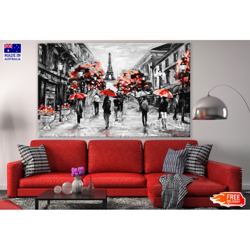 People Walking Towards The Eiffle Tower With Red Umbrellas B&W Painting Print 100% Australian Made