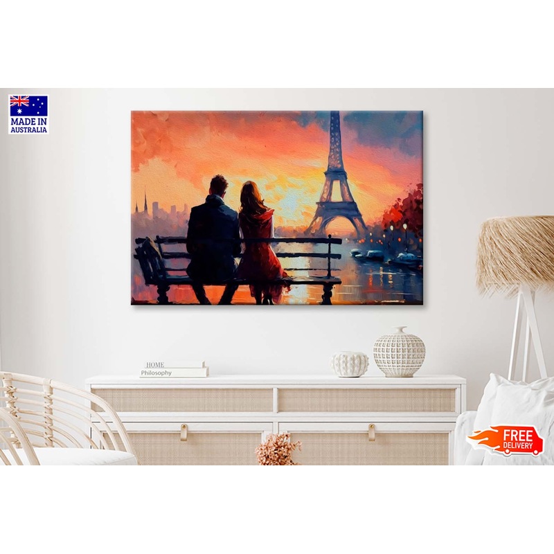 Romantic Couple Looking at Sunset & Eiffel Tower In Paris Wall Art Limited Edition High Quality Print