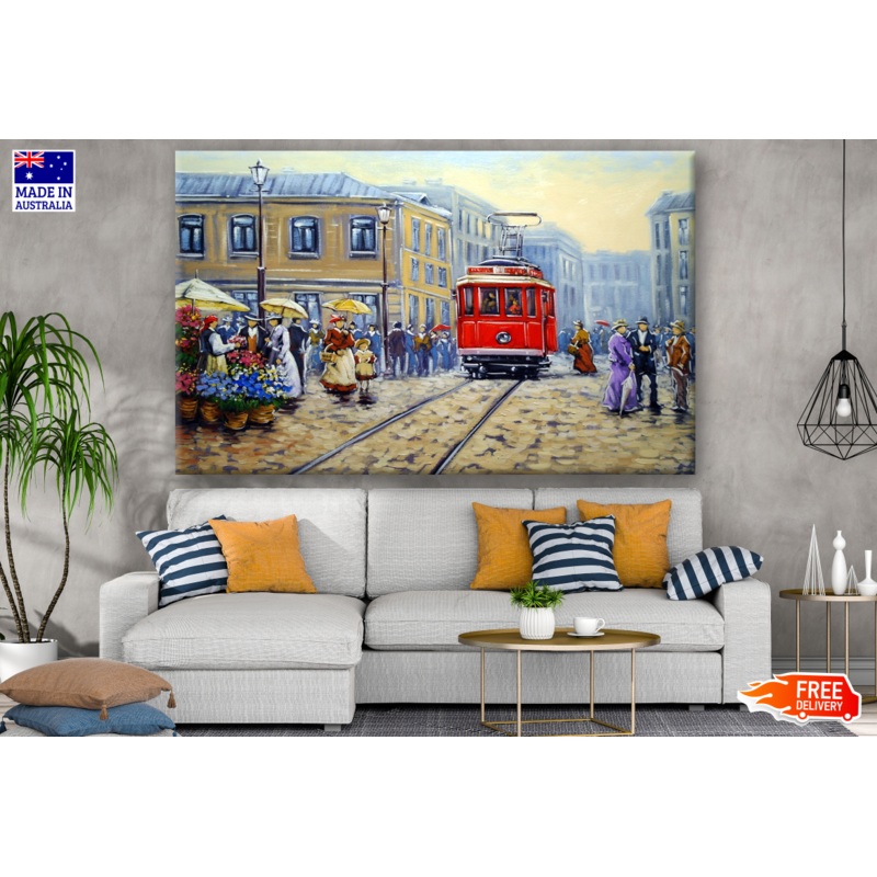 Tram Car & People In the City Painting Print 100% Australian Made