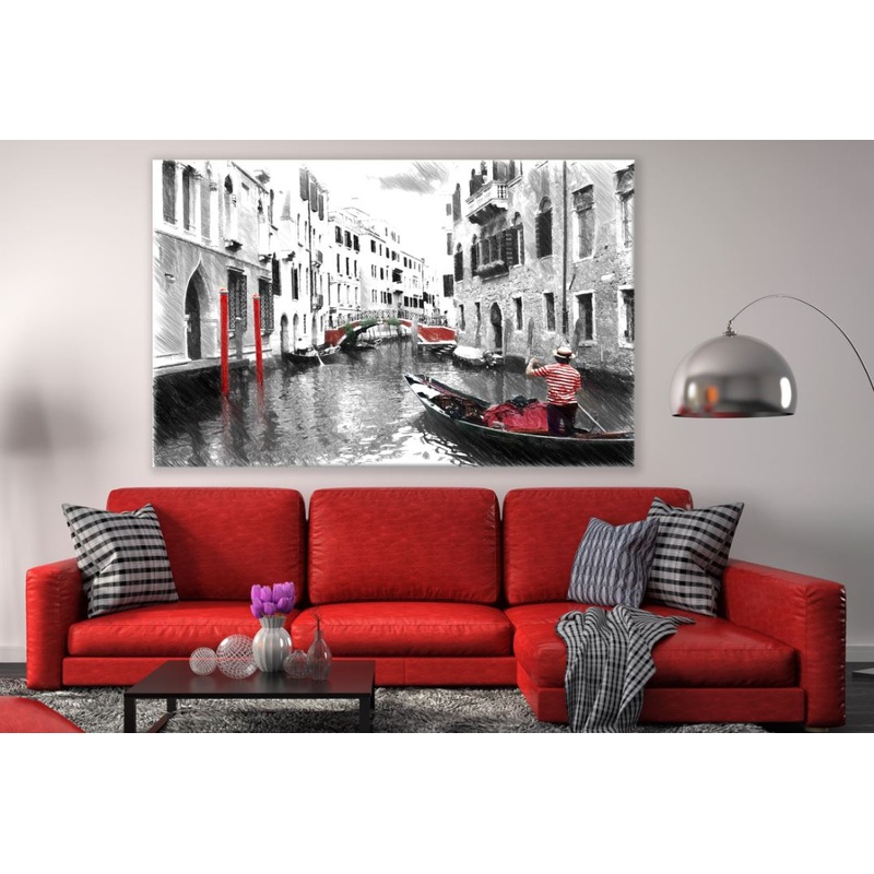 Venice Canal Boat Black White & Red Painting Print 100% Australian Made