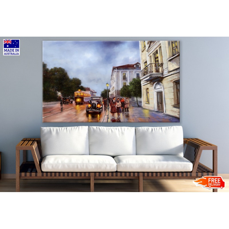 Vintage Street with People & Vehicles Painting Print 100% Australian Made