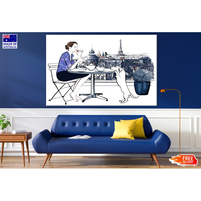 Woman Drinking Tea With Her Dog Eiffel Tower View Painting Print 100% Australian Made
