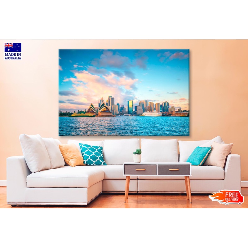 Boat in The Water Near a City Wall Art Decor 100% Australian Made
