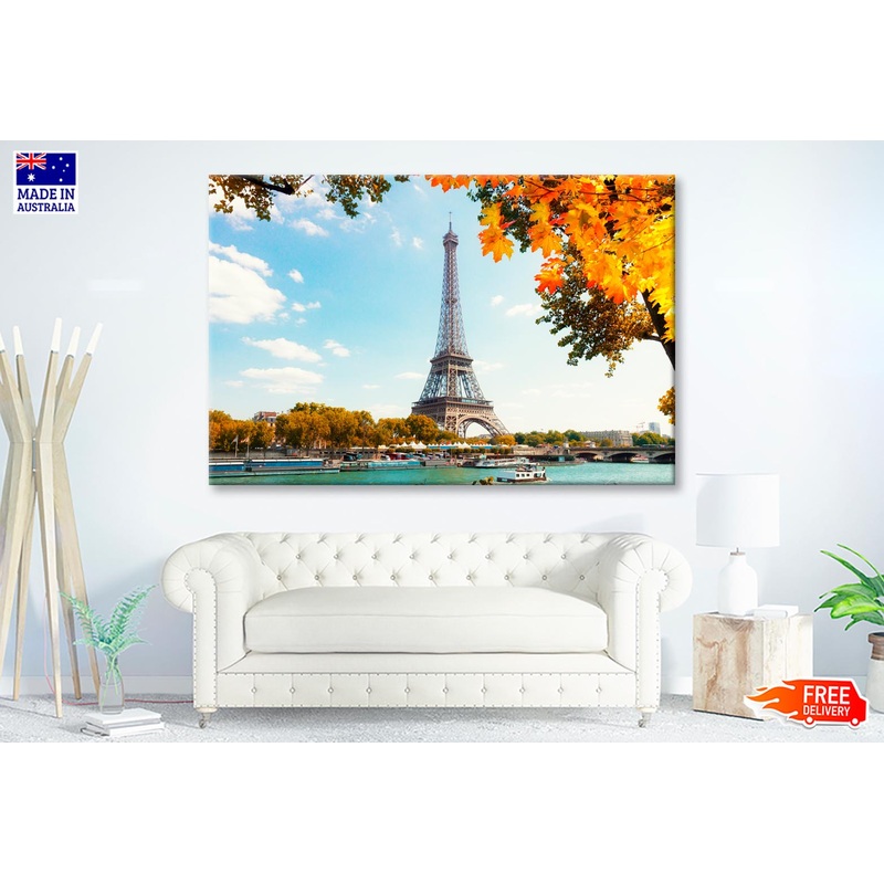 Boat Is in The Water Near the Eiffel Tower Wall Art Decor 100% Australian Made