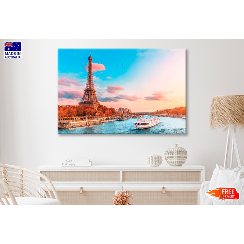 Boat Traveling Down a River Next to The Eiffel Tower Wall Art Decor 100% Australian Made