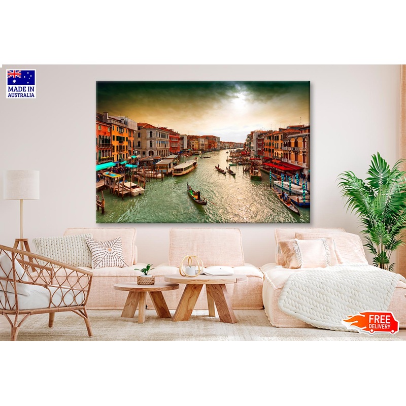 Boats And Gondolas on The Grand Canal of Venice, View from Bridge Rialto Wall Art Decor 100% Australian Made
