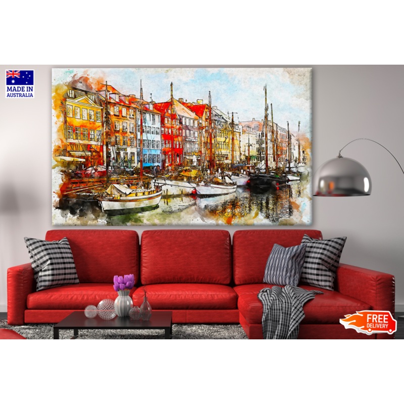 Boats on a City Bay Painting Print 100% Australian Made