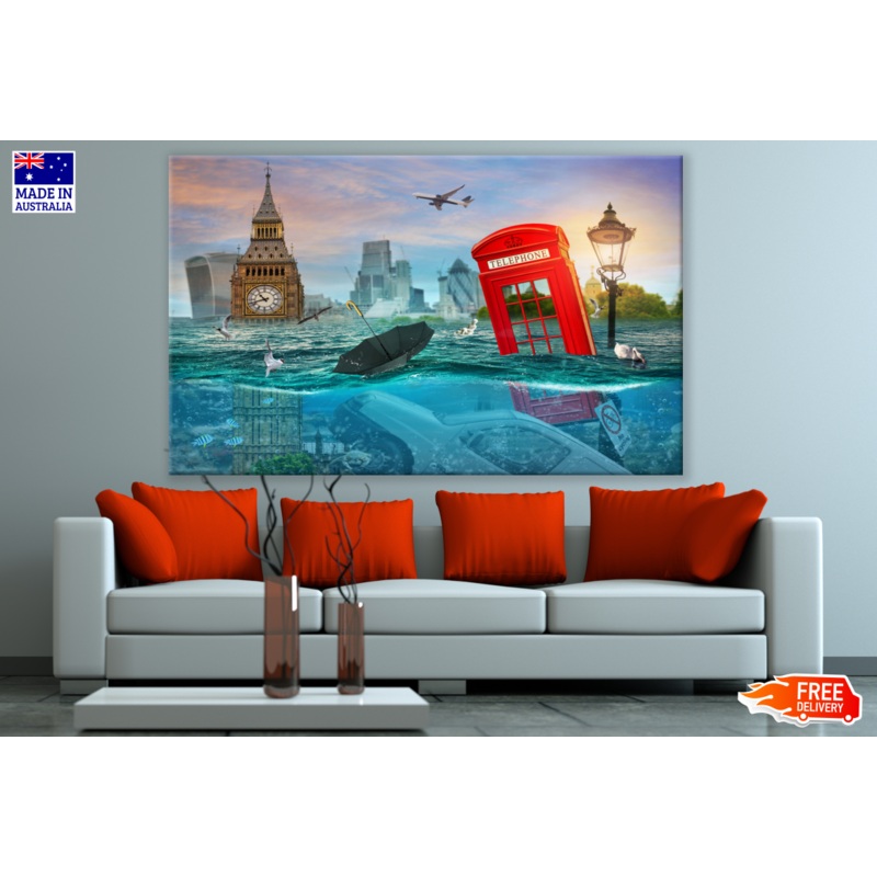 British Telephone box with Big Ben & Double Decker bus Sinking in Water Photograph Print 100% Australian Made
