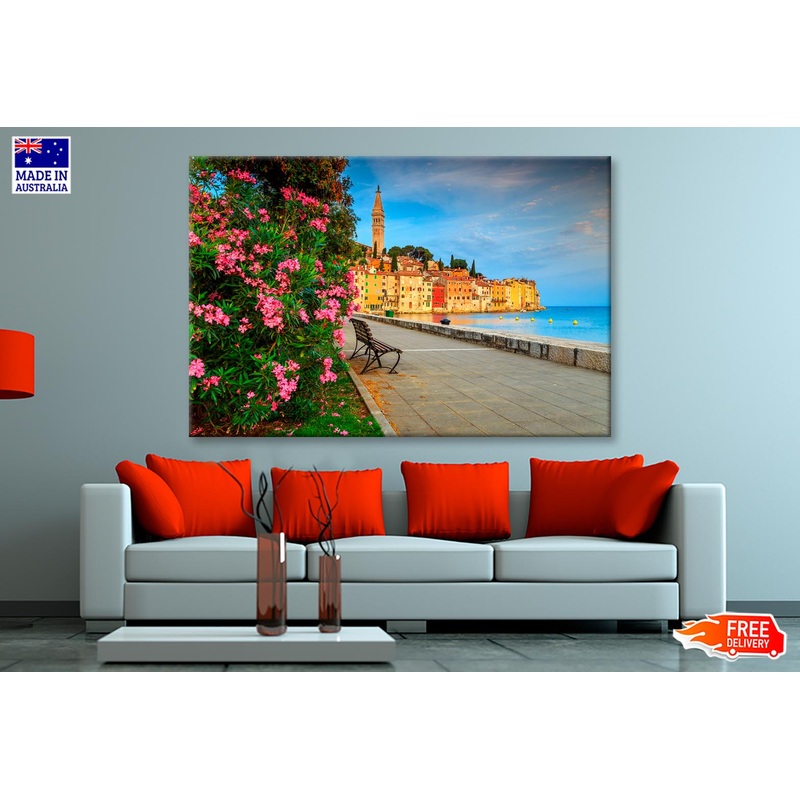 Old Town of Rovinj with Beautiful Pink Oleander Flowers  Wall Art Decor 100% Australian Made