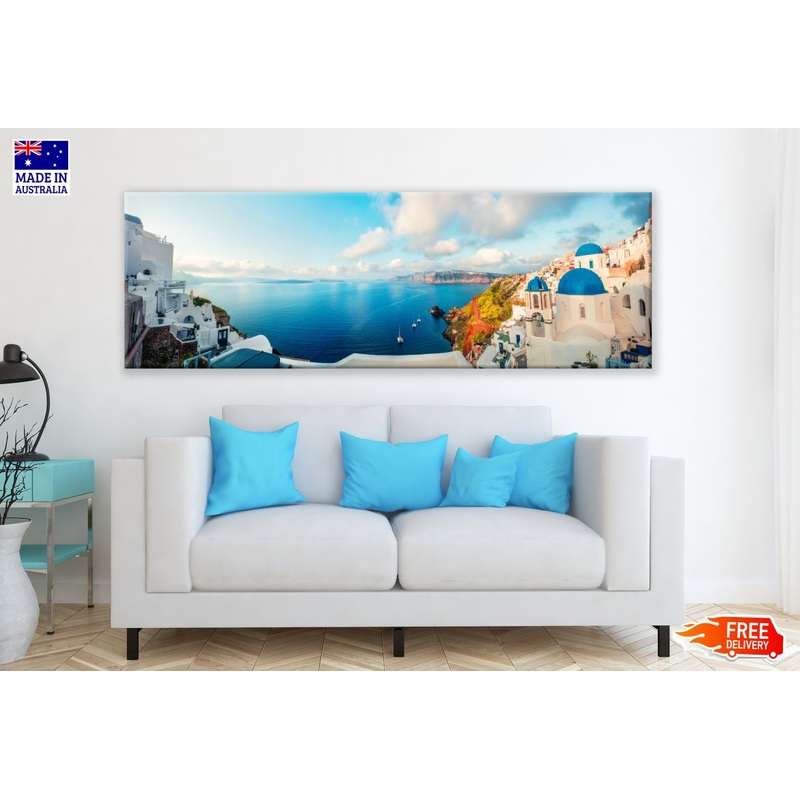 Panoramic Canvas Bright Morning on Santorini Island Sunrise High Quality 100% Australian made wall Canvas Print ready to hang