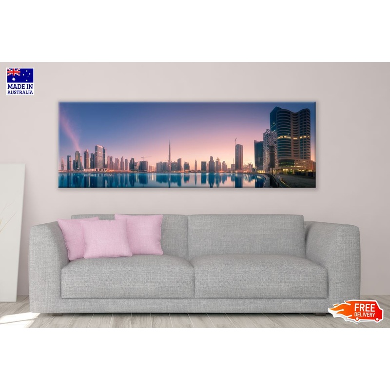 Panoramic Canvas Dubai Business Bay with Reflection of Skyscrapers on Water Sunrise High Quality 100% Australian made wall Canvas Print ready to hang