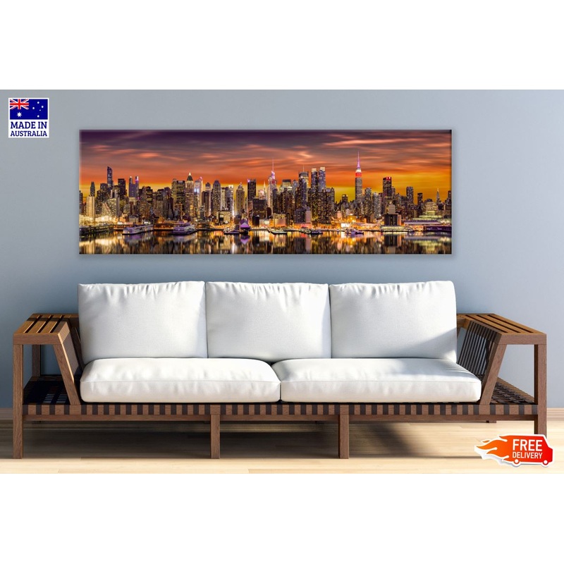 Panoramic Canvas New York City at Sunrise with Reflections in Hudson River High Quality 100% Australian made wall Canvas Print ready to hang