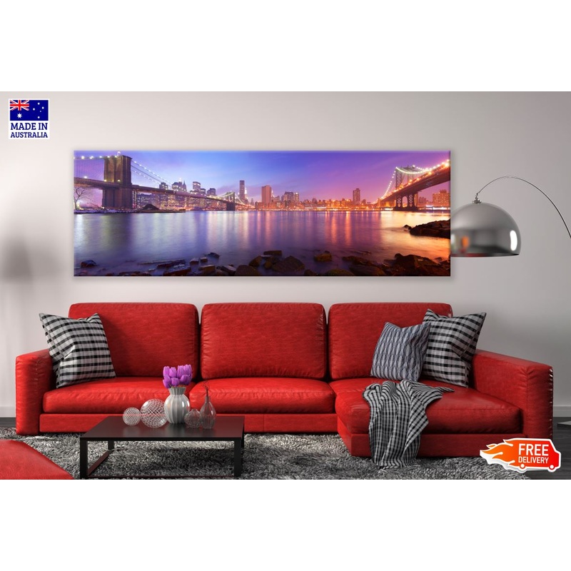 Panoramic Canvas New York City Manhattan Skyline View Brooklyn Bridge and Manhattan Bridge High Quality 100% Australian made wall Canvas Print ready to hang