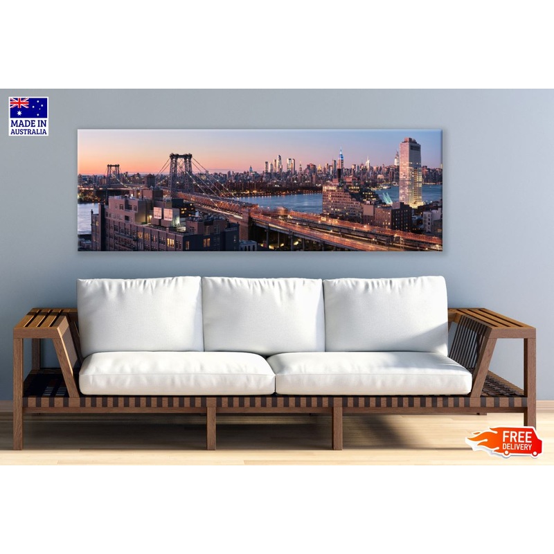 Panoramic Canvas Williamsburg Bridge in Brooklyn with Midtown Manhattan Skyline High Quality 100% Australian made wall Canvas Print ready to hang