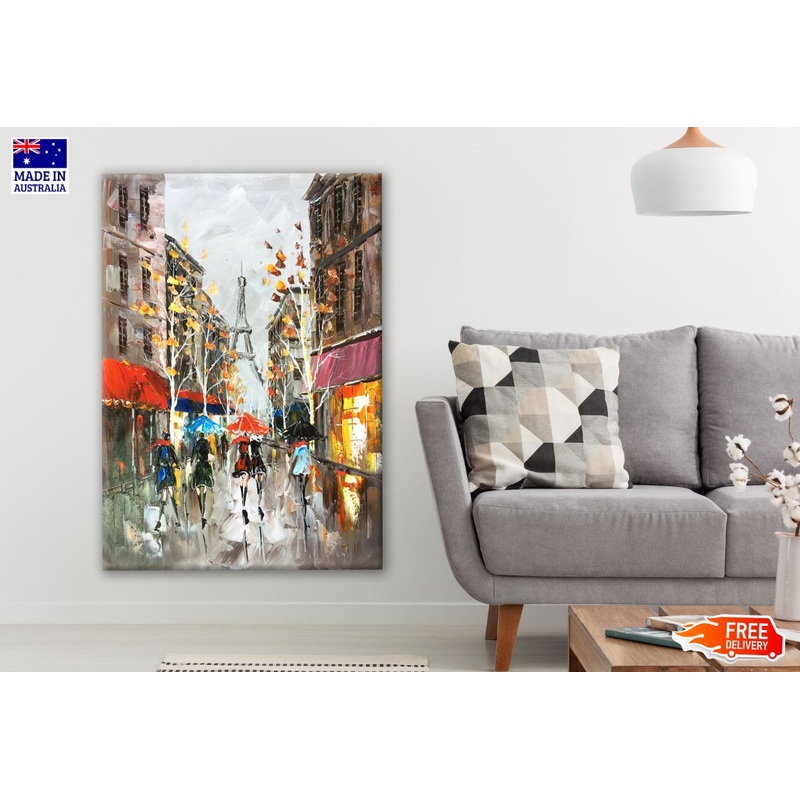 People Walking Along Street in Paris City Eiffel Tower Painting Print 100% Australian Made