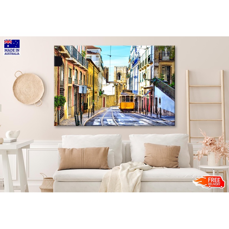 Romantic Lisbon Street with The Typical Yellow Tram and Lisbon Cathedral  Wall Art Decor 100% Australian Made
