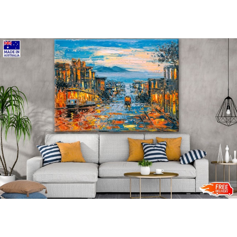 Stunning City with Tram Cars Oil Painting Print 100% Australian Made