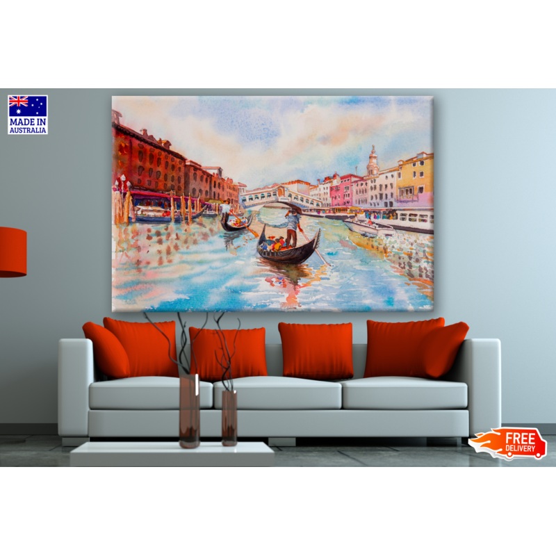Watercolour Landscape Canal Boats with Tourists Painting Print 100% Australian Made