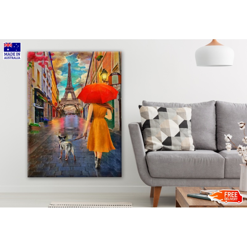 Woman Walking Along Street with a Dog Near Eiffel Tower Painting Print 100% Australian Made