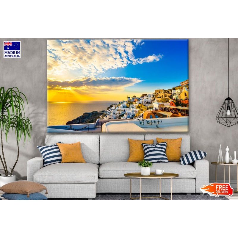 Old Town of Oia Village at Sunset, Santorini Island in Greece Photograph Print 100% Australian Made
