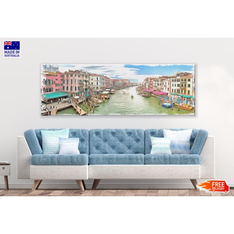 Panoramic Canvas Canal & Buildings Painting High Quality 100% Australian made wall Canvas Print ready to hang