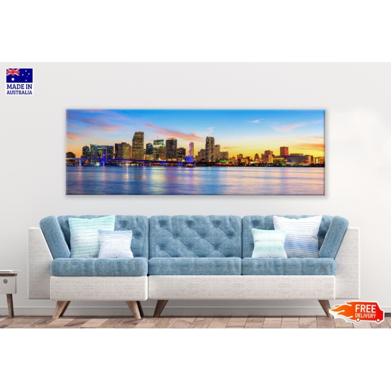 Panoramic Canvas City View from River Bank Photograph High Quality 100% Australian Made Wall Canvas Print Ready to Hang