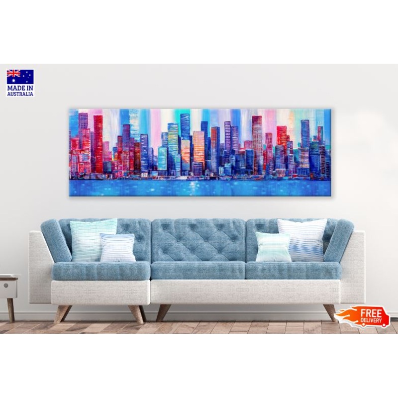 Panoramic Canvas Colourful City View Painting High Quality 100% Australian made wall Canvas Print ready to hang
