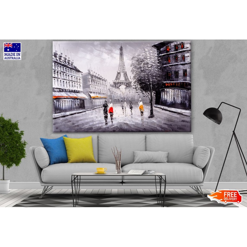 People on Streets in Paris Eiffel Tower Painting Print 100% Australian Made