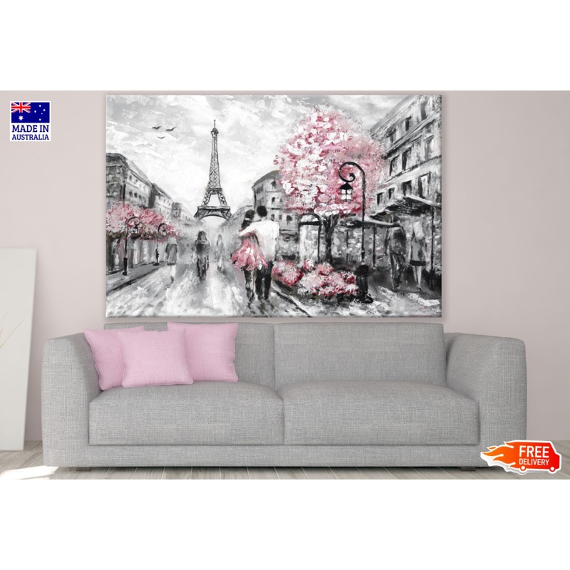 People Walking in Paris Street Eiffel Tower Oil Painting Print 100% Australian Made