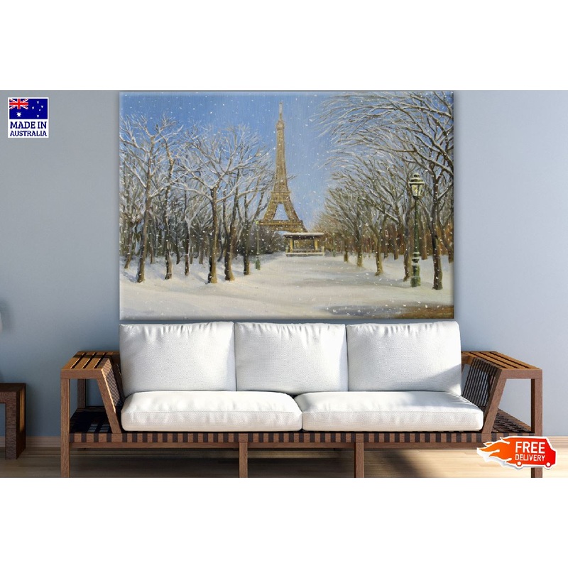 Snow Scene in the Capital of France with Eiffel Tower Print 100% Australian Made