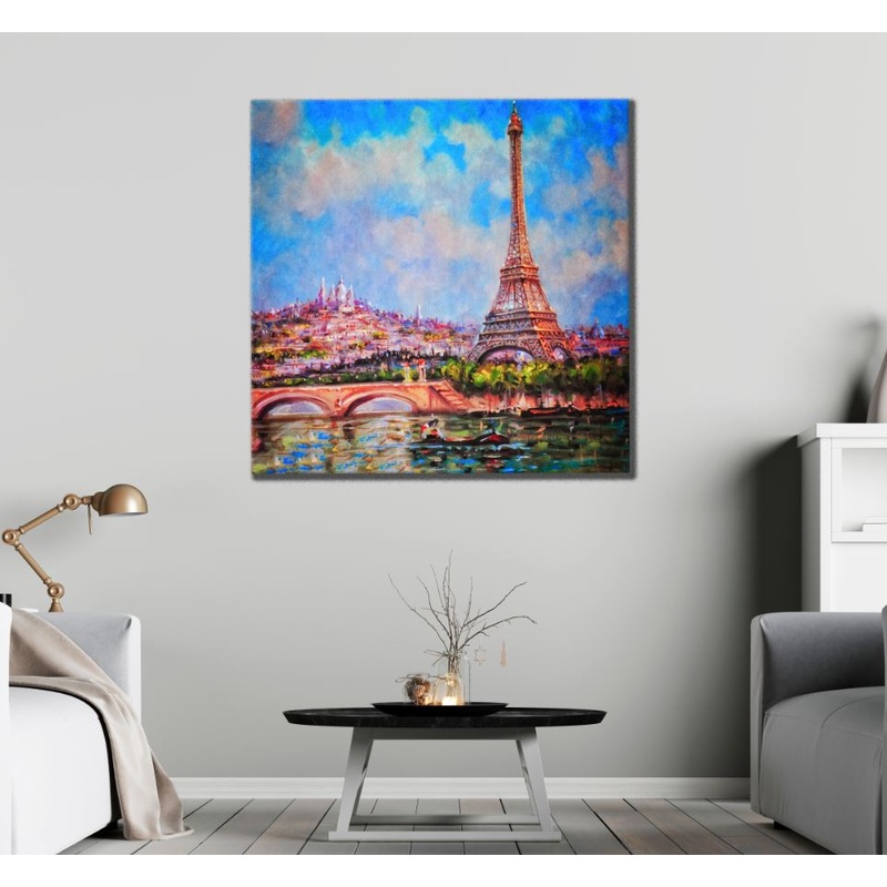 Square Canvas Eiffel Tower & Bridge with River Watercolor Painting High Quality Print 100% Australian Made