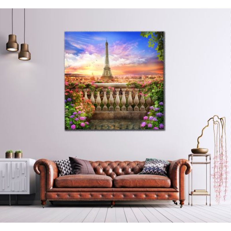 Square Canvas Eiffel Tower View from Floral Balcony High Quality Print 100% Australian Made