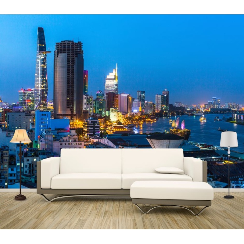 Wallpaper Murals Peel and Stick Removable Top view of Ho Chi Minh City at Night Time, Vietnam High Quality