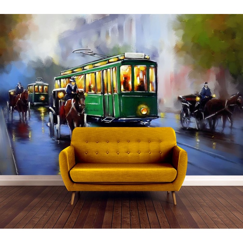 Wallpaper Murals Peel and Stick Removable Tram Trains in City Painting High Quality