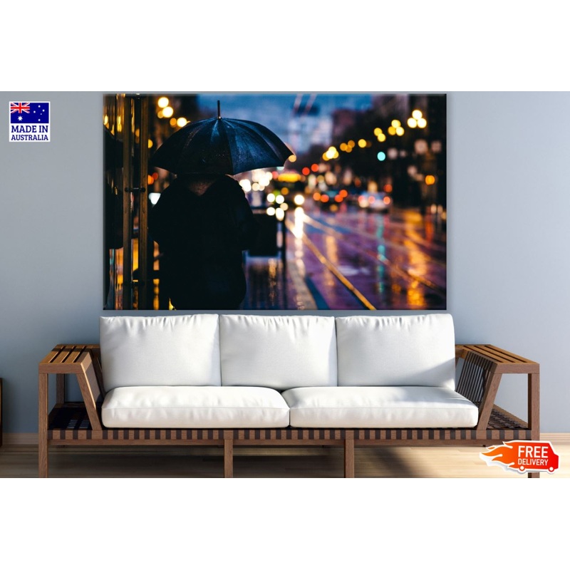 Man with Umbrella Night Street Print 100% Australian Made